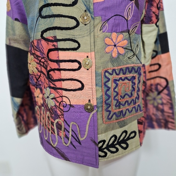 Alex Kim Multicolor Embroidered Floral Patchwork Bohemian Art to Wear Jacket- M - Picture 3 of 13